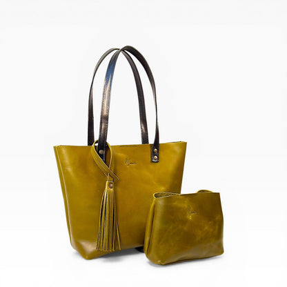Bolso Tote Cuero Praga Plus+ Pull Musgo  Doble Vista + 💄Cosmetiquera 👝 Gratis!!
