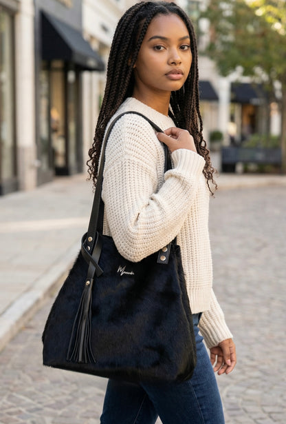 Tote Cuero Praga Plus Pelo Res Negro!!