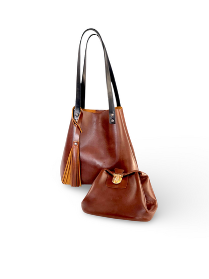 Bolsa Dama Tote 100% Piel Mod. Praga+plus  Con Cosmetiquera cosmopolitan  (pull Roble )