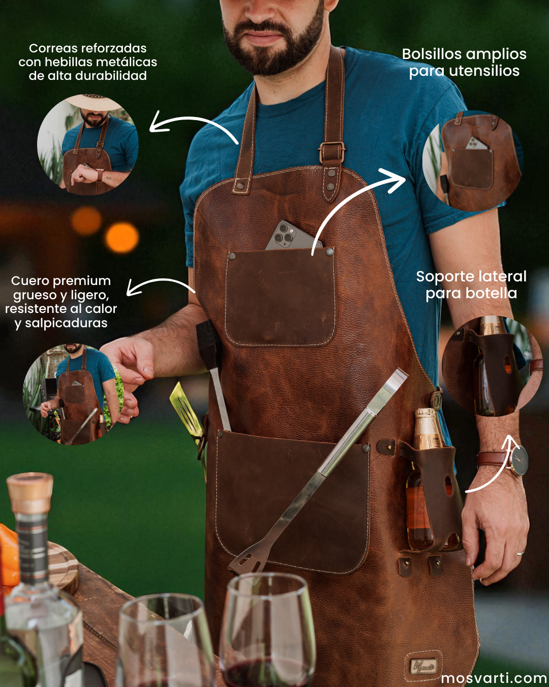 Mandil Cuero Mod RIB EYE +Set porta Vasos Gratis