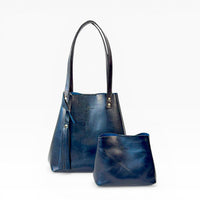 Bolso Tote Cuero Praga Plus+ Pull Azul Doble Vista + 💄Cosmetiquera 👝 Gratis!!