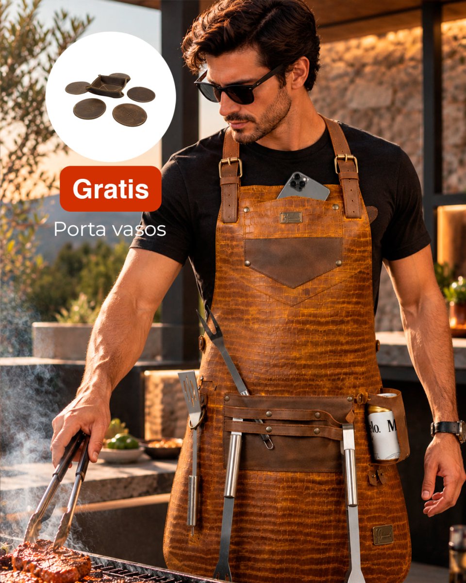 Mandil Kobe 100% Piel + Set Porta vasos Gratis!! (Grabado de Cocodrilo Mostaza) - MosvartiMandil Kobe 100% Piel + Set Porta vasos Gratis!! (Grabado de Cocodrilo Mostaza)