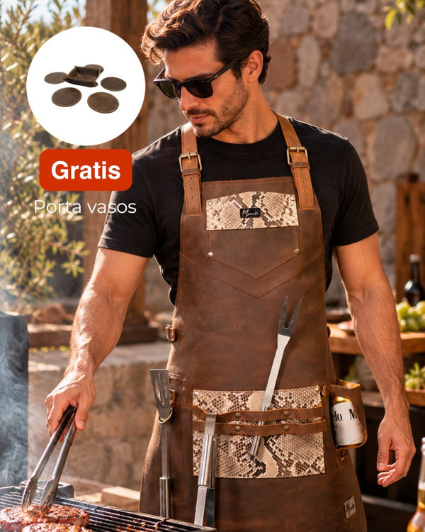 Mandil  Kobe Premium 100% Piel + Set Porta vasos Gratis!! (Aplicación de Pitón Genuino)