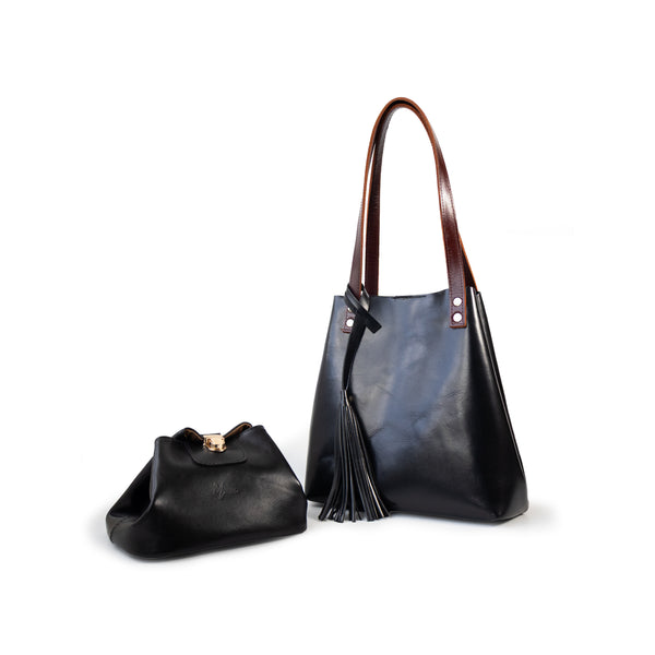 Bolsa Dama Tote 100% Piel Mod. Praga+plus  Con Cosmetiquera cosmopolitan  (pull Negro)