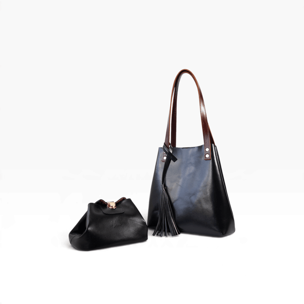Bolsa Dama Tote 100% Piel Mod. Praga+plus  Con Cosmetiquera cosmopolitan  (pull Negro)
