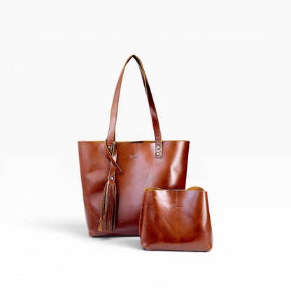 Bolsa Dama Tote 100% Piel Mod. Praga *Pull up Roble* + cosmetiquera Gratis