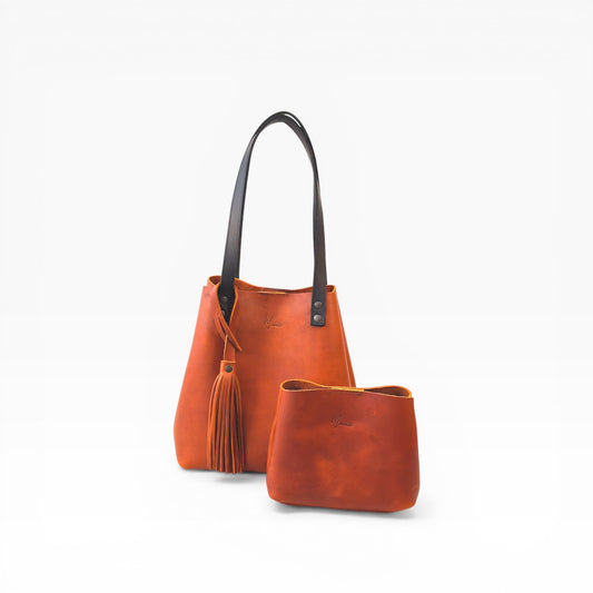 Bolso Tote Cuero Praga Plus+ Crazy naranja   Doble Vista + 💄Cosmetiquera 👝 Gratis!!