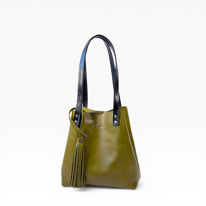Bolso Tote Cuero Praga Plus+ Pull Musgo  Doble Vista + 💄Cosmetiquera 👝 Gratis!!