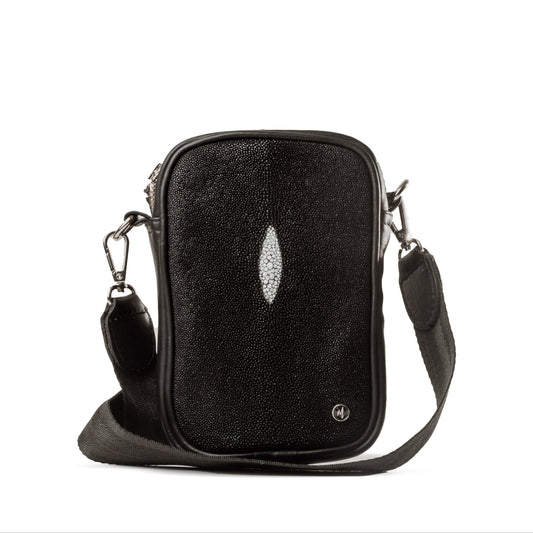 Bandolera Mini Celular Piel Mantarraya Negra Unisex