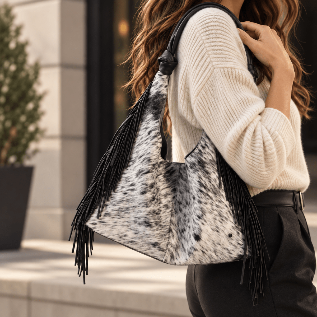 Bolso Hobo Mod Inglaterra *Pelo Jaspeado / Tiras Negro* - MosvartiBolso Hobo Mod Inglaterra *Pelo Jaspeado / Tiras Negro*