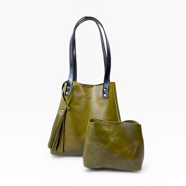 Bolso Tote Cuero Praga Plus+ Pull Musgo  Doble Vista + 💄Cosmetiquera 👝 Gratis!!