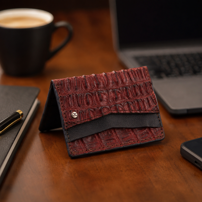 Cartera vertical de cuero con piel exótica y tecnología RFID Mod Azteca (Cocodrilo Rojo)