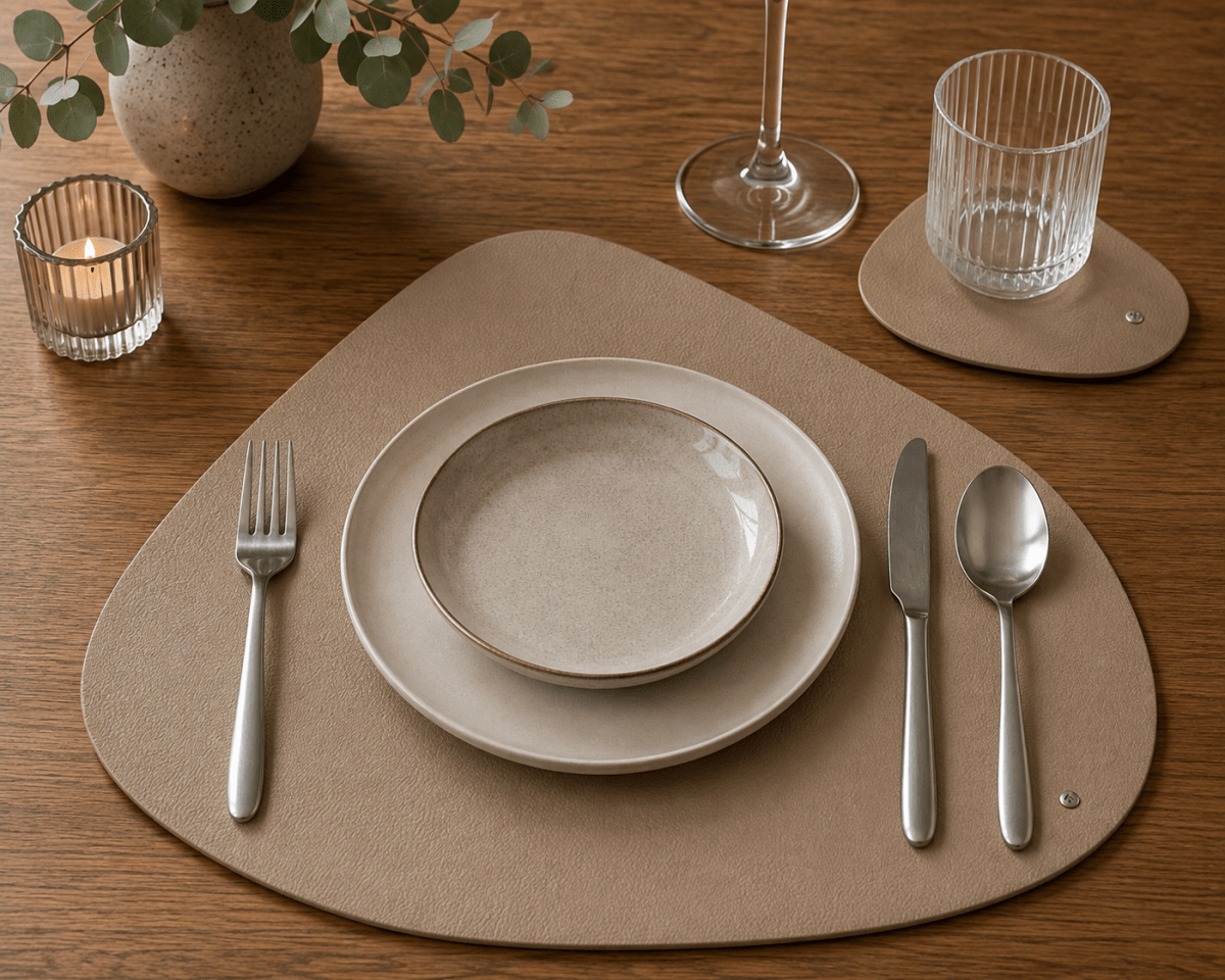 Set Individual bajo plato mantel y Portavasos de Piel Premium | Mosvarti Flother Camel - mosvartimxSet Individual bajo plato mantel y Portavasos de Piel Premium | Mosvarti Flother Camel