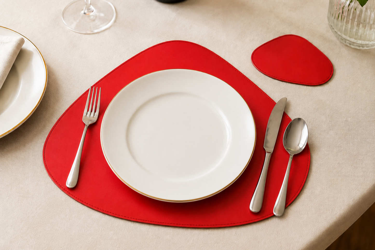 Set Individual bajo plato mantel  y Portavasos de Piel Premium | Mosvarti Rojo