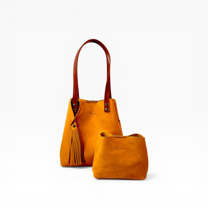 Bolso Tote Cuero Praga Plus+ Crazy miel  Doble Vista  + 💄Cosmetiquera 👝 Gratis!!