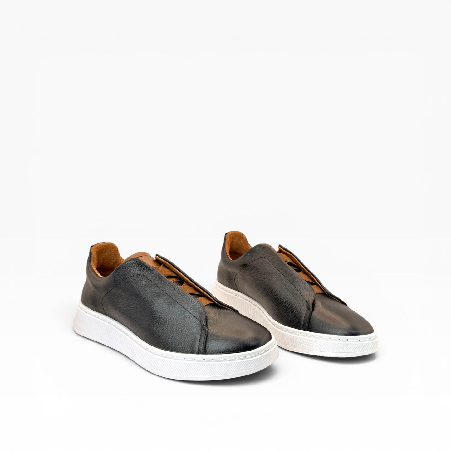 Tenis sSneakers piel genuina slip on mod 51004 Negro-Bitono