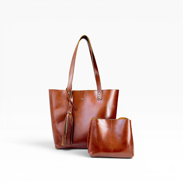 Bolsa Dama Tote 100% Piel Mod. Praga *Pull up Roble* + cosmetiquera Gratis