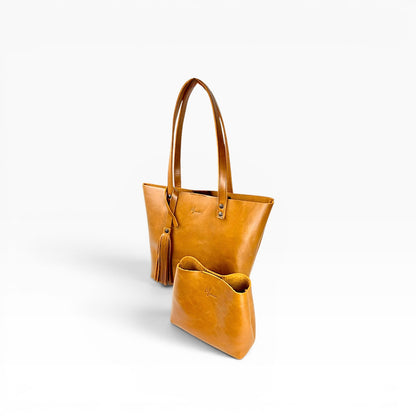 Bolsa Dama Tote 100% Piel Mod. Praga Pull up Miel + 💄Cosmetiquera 👝 Gratis!!