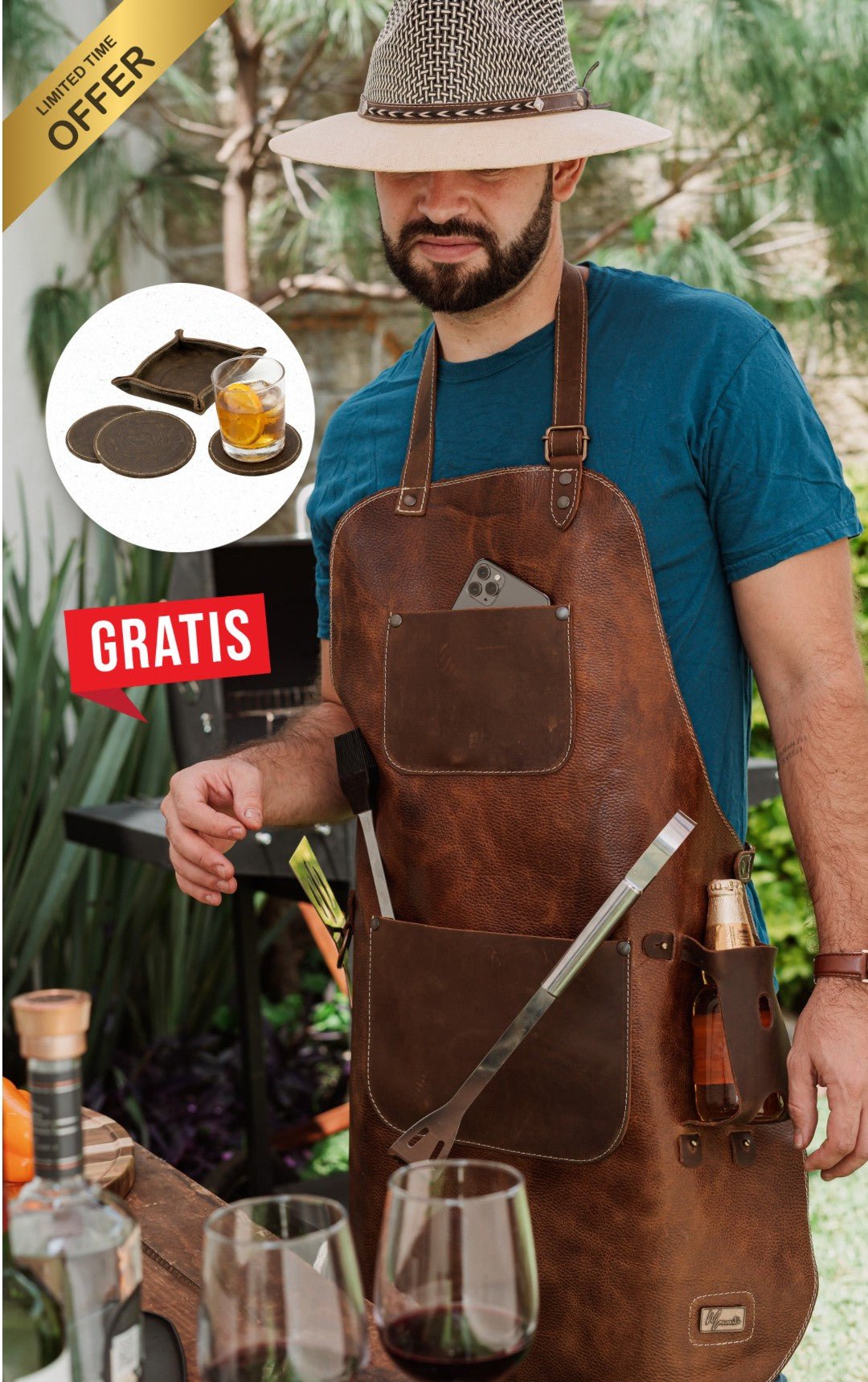 Mandil Cuero Mod RIB EYE +Set porta Vasos Gratis