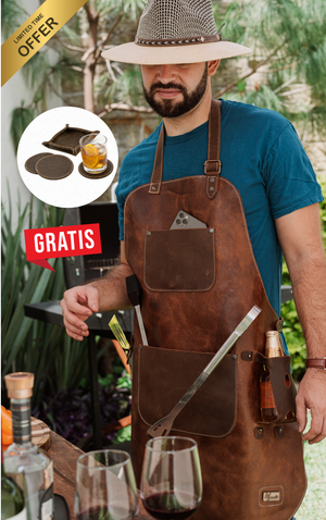 Mandil Cuero Mod RIB EYE +Set porta Vasos Gratis