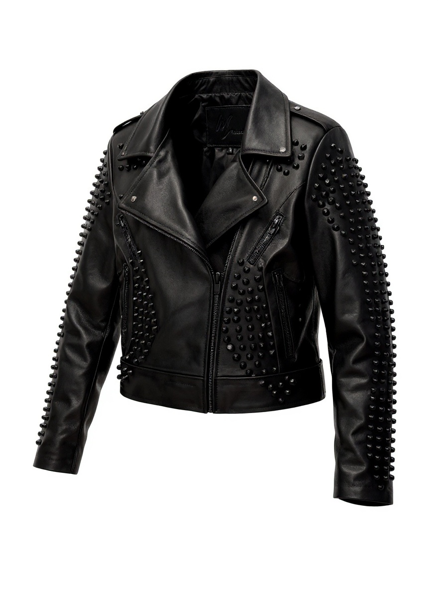 Chamarra Dama Tipo Rocker de Piel de Ovino con Detalles Artesanales de Estoperoles