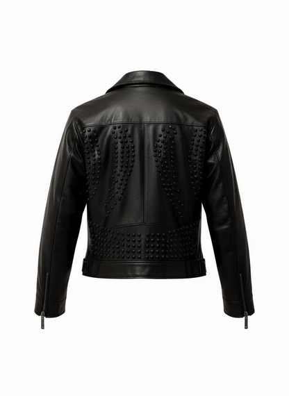 Chamarra Dama Tipo Rocker de Piel de Ovino con Detalles Artesanales de Estoperoles