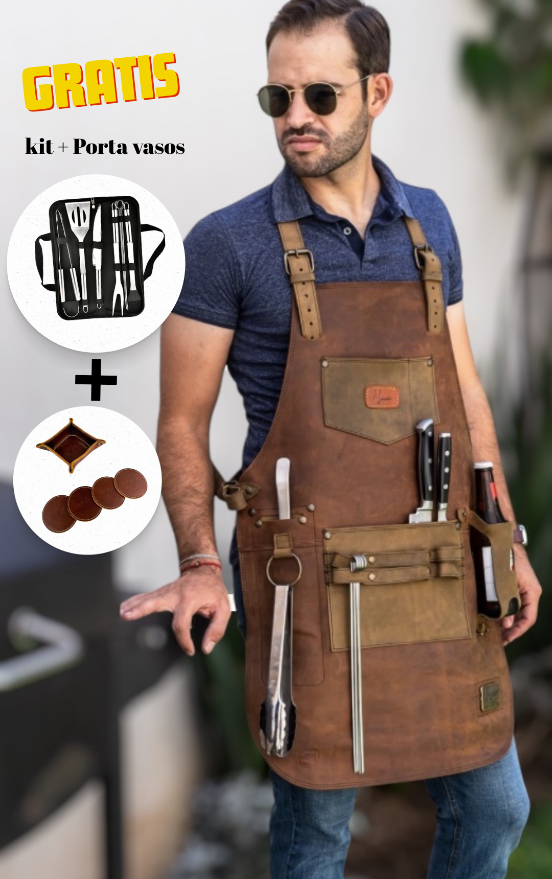 Mandil  T-Bone 100% Piel + Kit Parrillero +Set Porta vasos Gratis!!