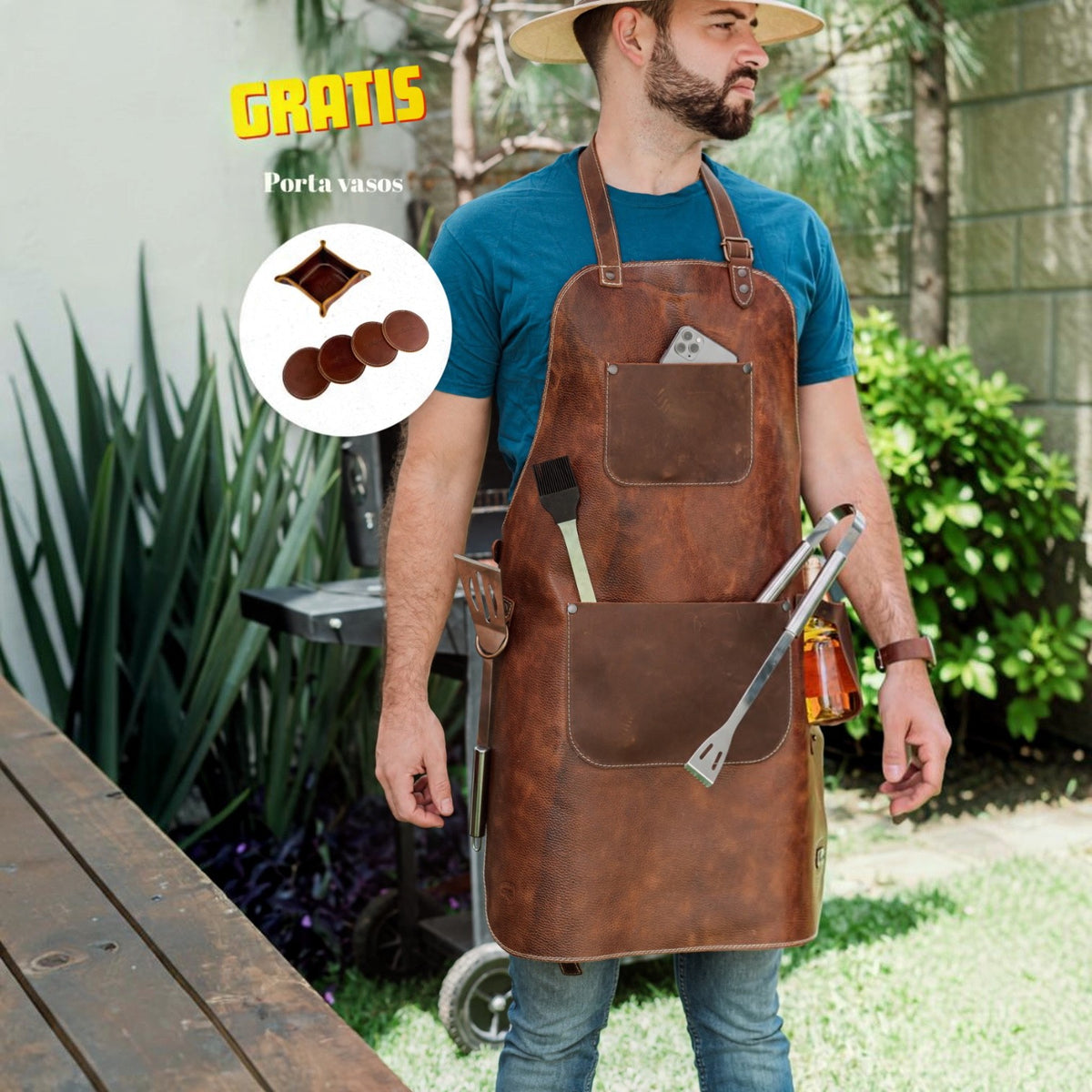Mandil Cuero Mod RIB EYE +Set porta Vasos Gratis