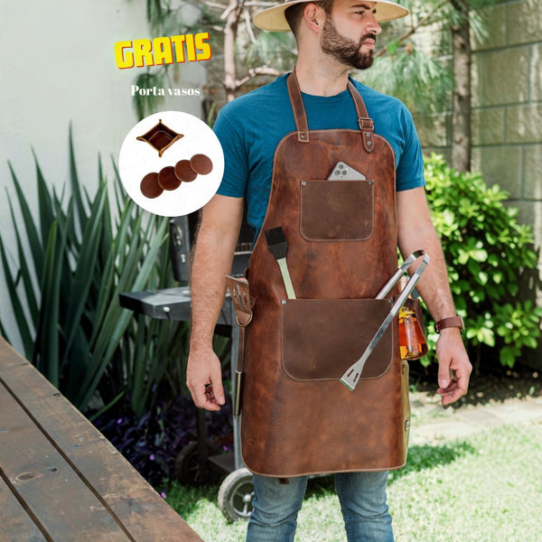 Mandil Cuero Mod RIB EYE +Set porta Vasos Gratis