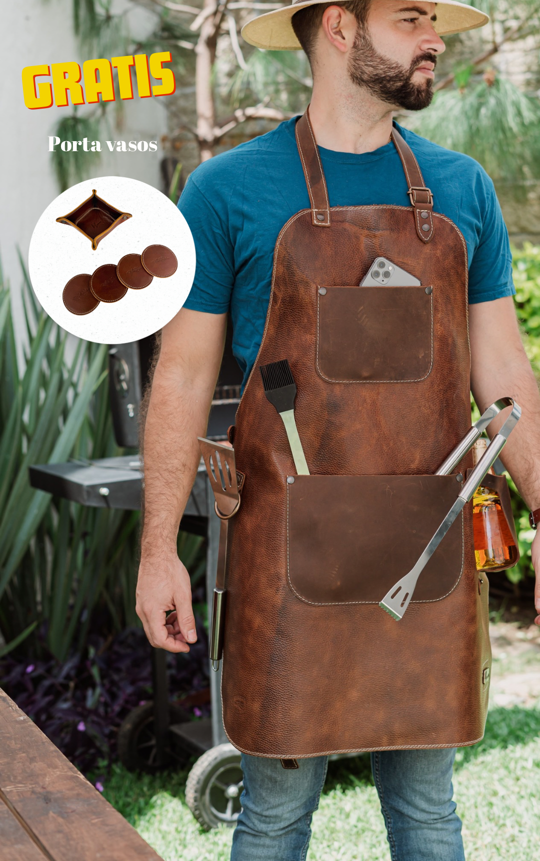 Mandil Cuero Mod RIB EYE +Set porta Vasos Gratis