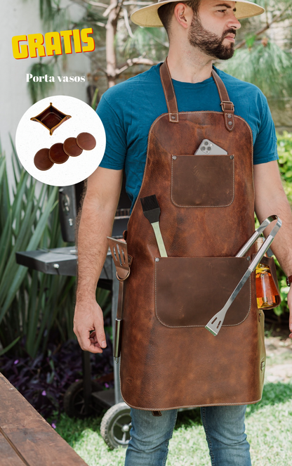 Mandil Cuero Mod RIB EYE +Set porta Vasos Gratis