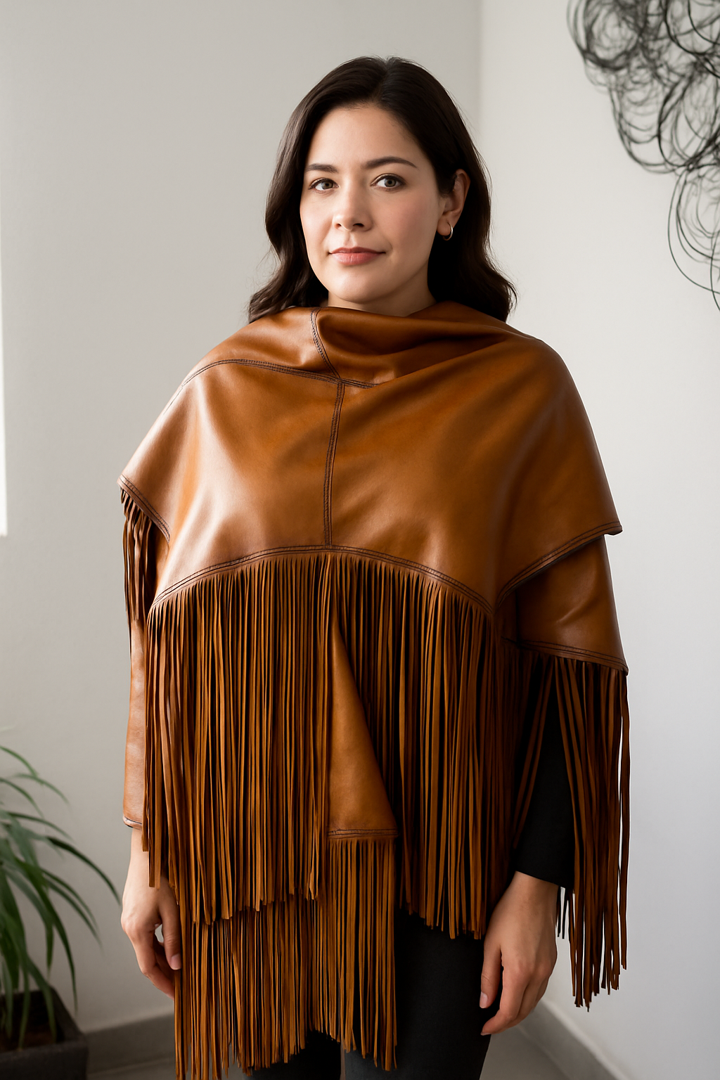 Capa de Piel Ovina con Flecos Unisex Unitalla Artesanal Mod Atenea
