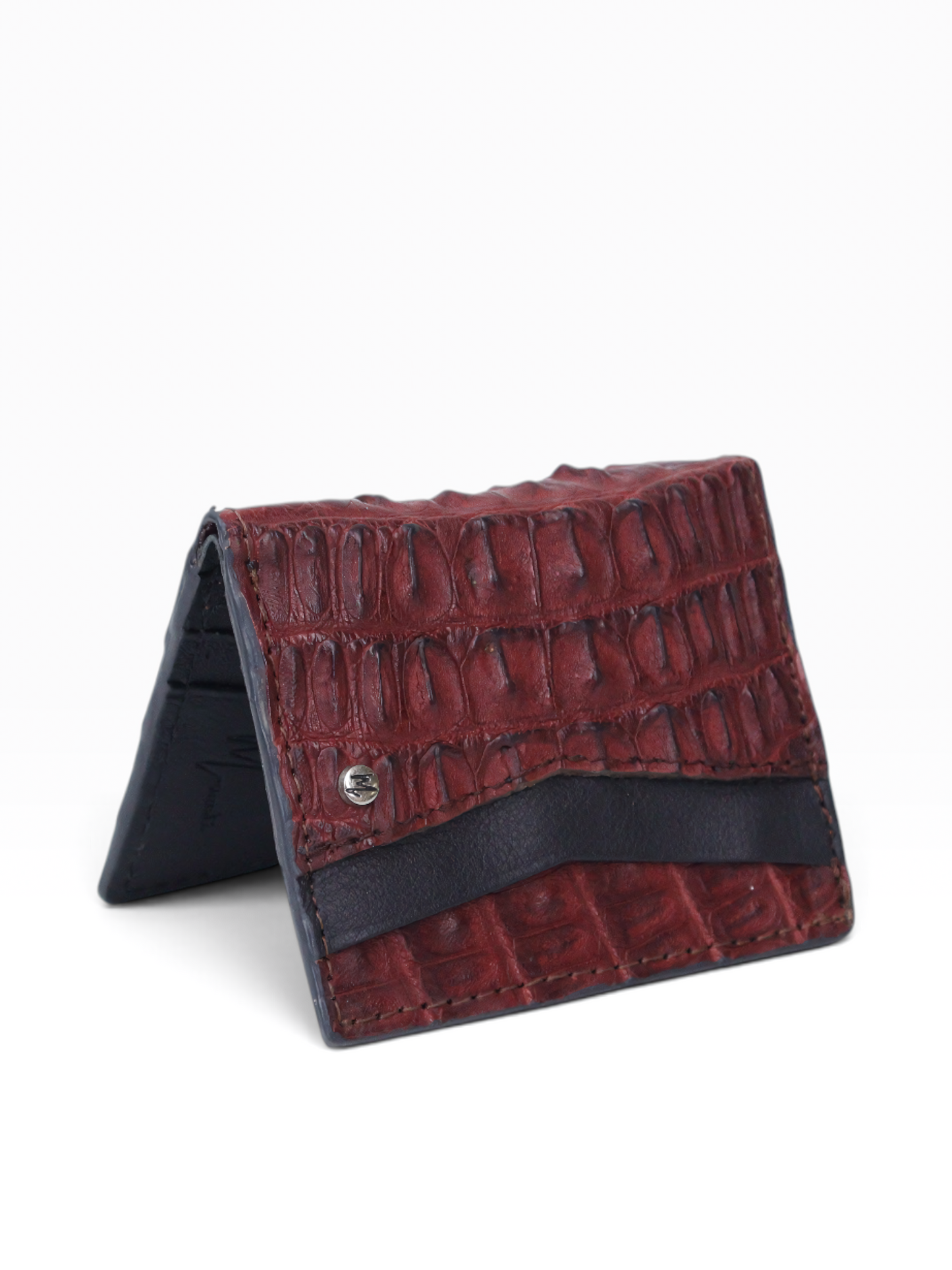 Cartera vertical de cuero con piel exótica y tecnología RFID Mod Azteca (Cocodrilo Rojo)