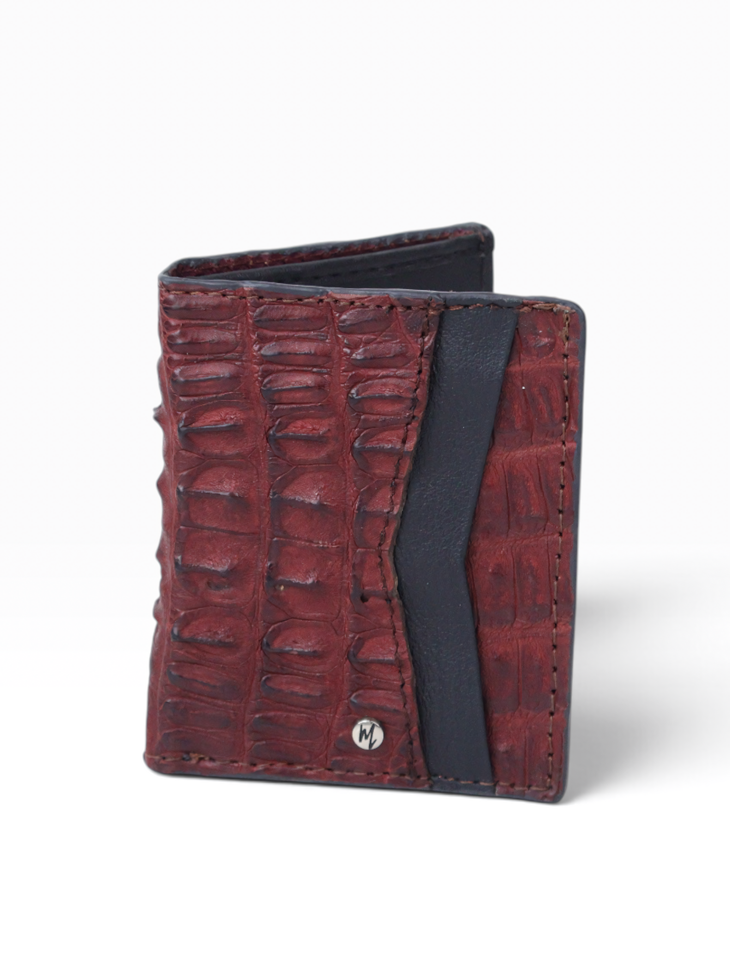 Cartera vertical de cuero con piel exótica y tecnología RFID Mod Azteca (Cocodrilo Rojo)