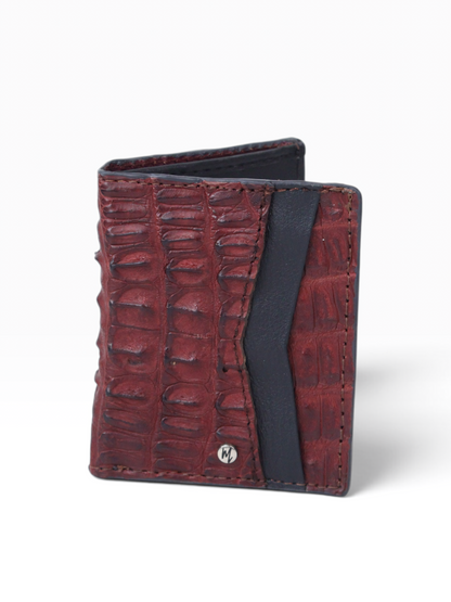 Cartera vertical de cuero con piel exótica y tecnología RFID Mod Azteca (Cocodrilo Rojo)
