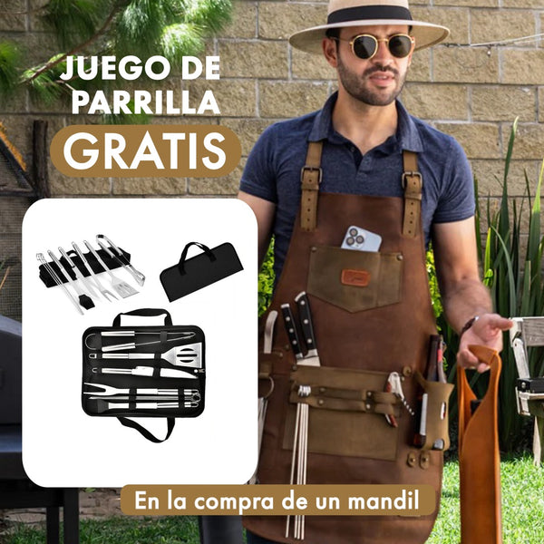 Mandil  T-Bone 100% Piel + Kit Parrillero +Set Porta vasos Gratis!!