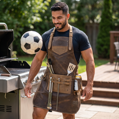 Mandil Mundial 2026 Piel Genuina Edición Limitada +Porta vasos Mundialista y kit parrillero Gratis