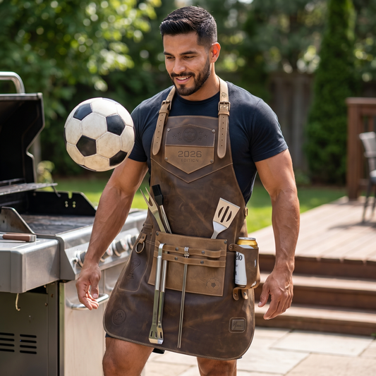 Mandil Mundial 2026 Piel Genuina Edición Limitada +Porta vasos Mundialista y kit parrillero Gratis