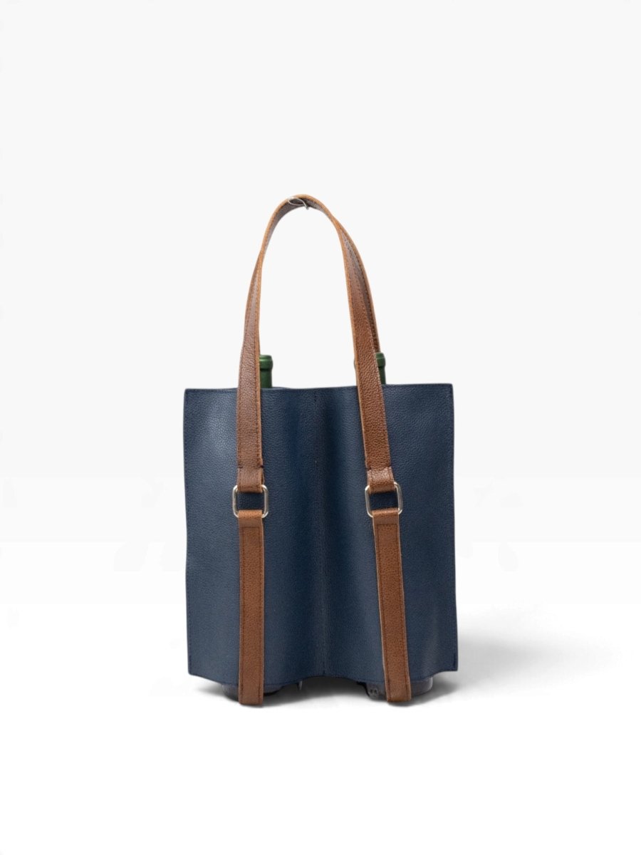 Bolsa porta botellas doble mosvartimx de cuero azul y café con asas reforzadas para transportar vino con elegancia