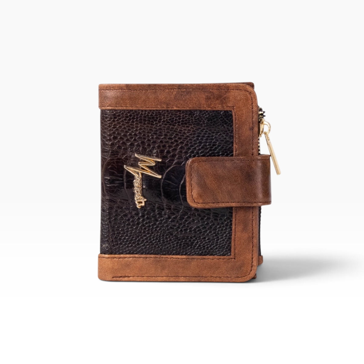 Cartera mosvartimx modelo Bolivia de piel bovina y avestruz en tonos café con broche y logo metálico dorado.