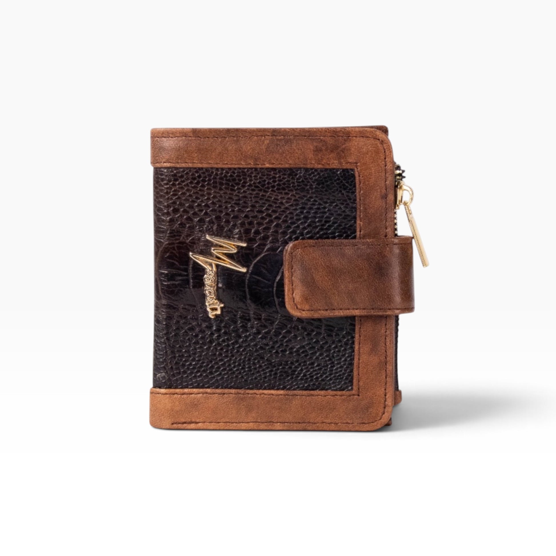 Cartera mosvartimx modelo Bolivia de piel bovina y avestruz en tonos café con broche y logo metálico dorado.