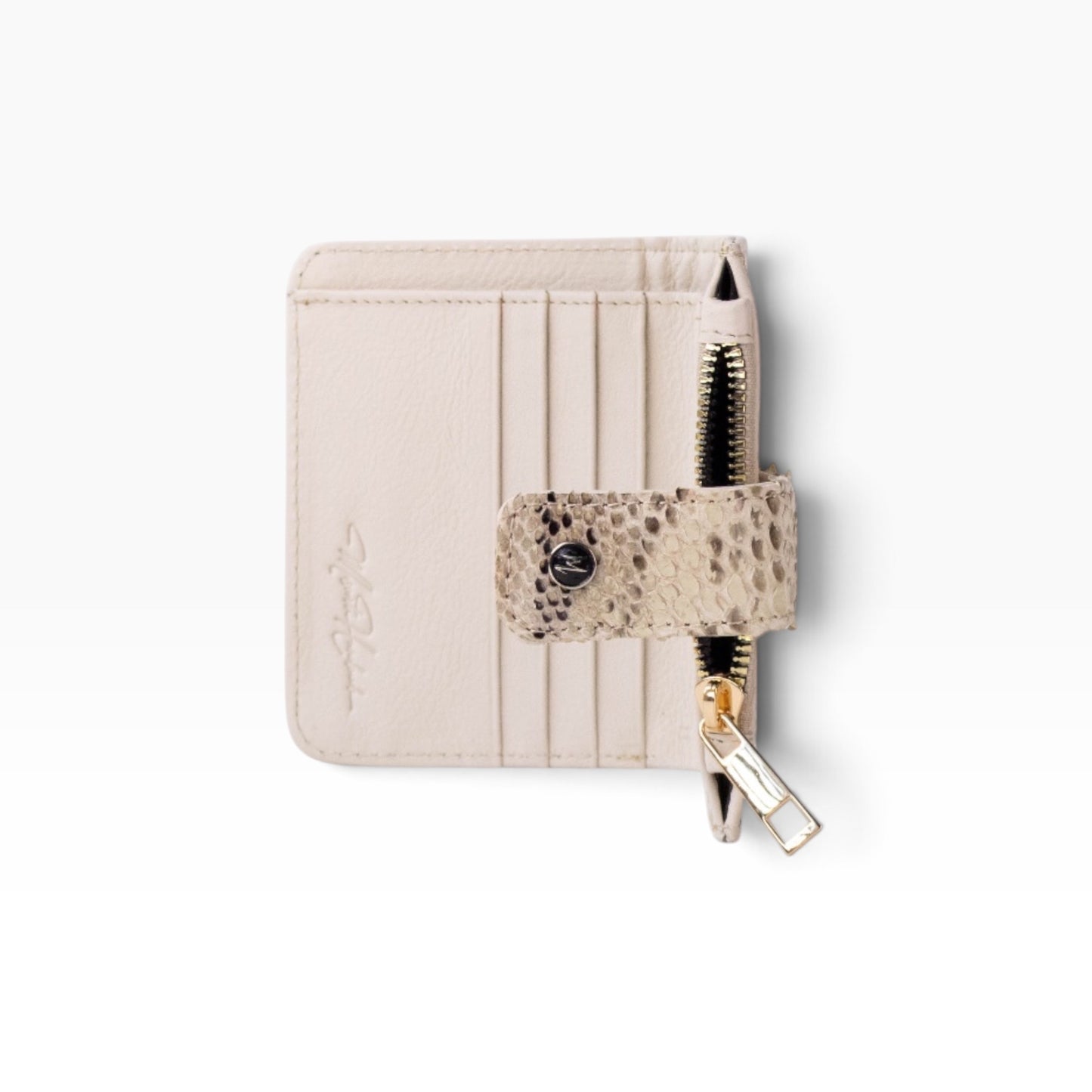 Cartera mosvartimx modelo Bolivia en piel bovina blanca con detalle de pitón y cierre metálico