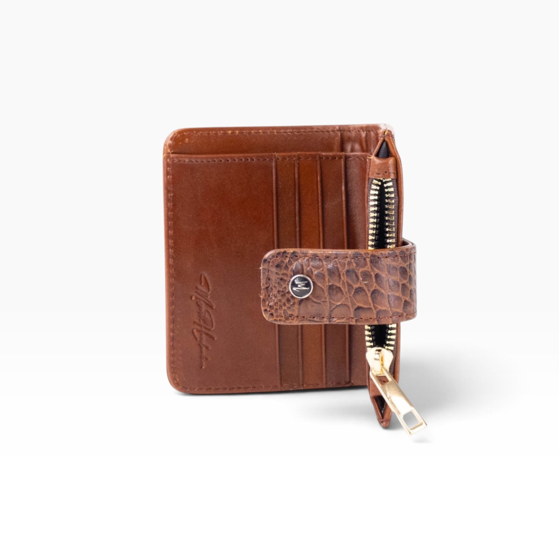 Cartera mosvartimx modelo Bolivia de piel bovina color café con detalle de piel exótica y cierre metálico dorado