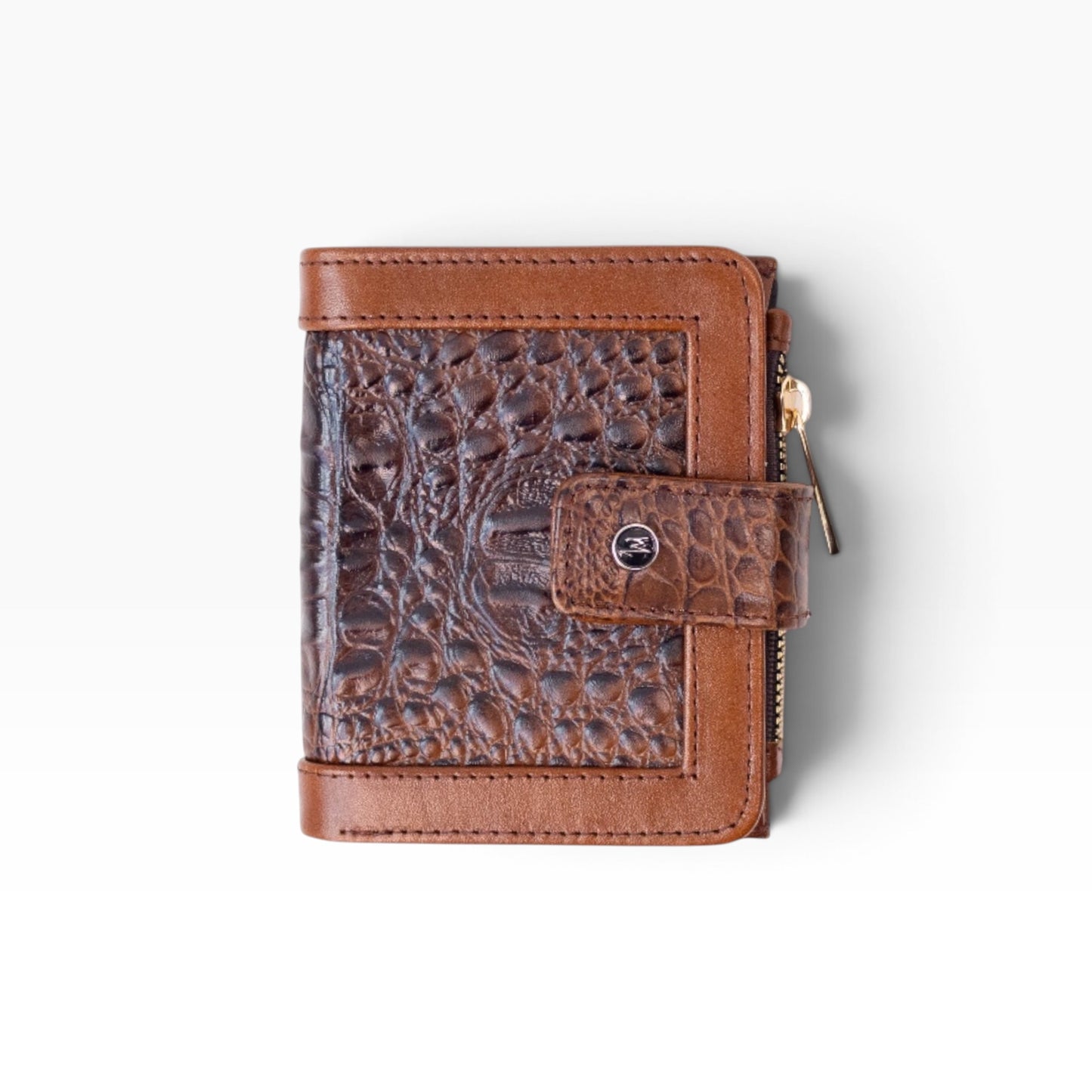 Cartera mosvartimx modelo Bolivia de piel bovina y detalle exótico en tono café con broche de seguridad