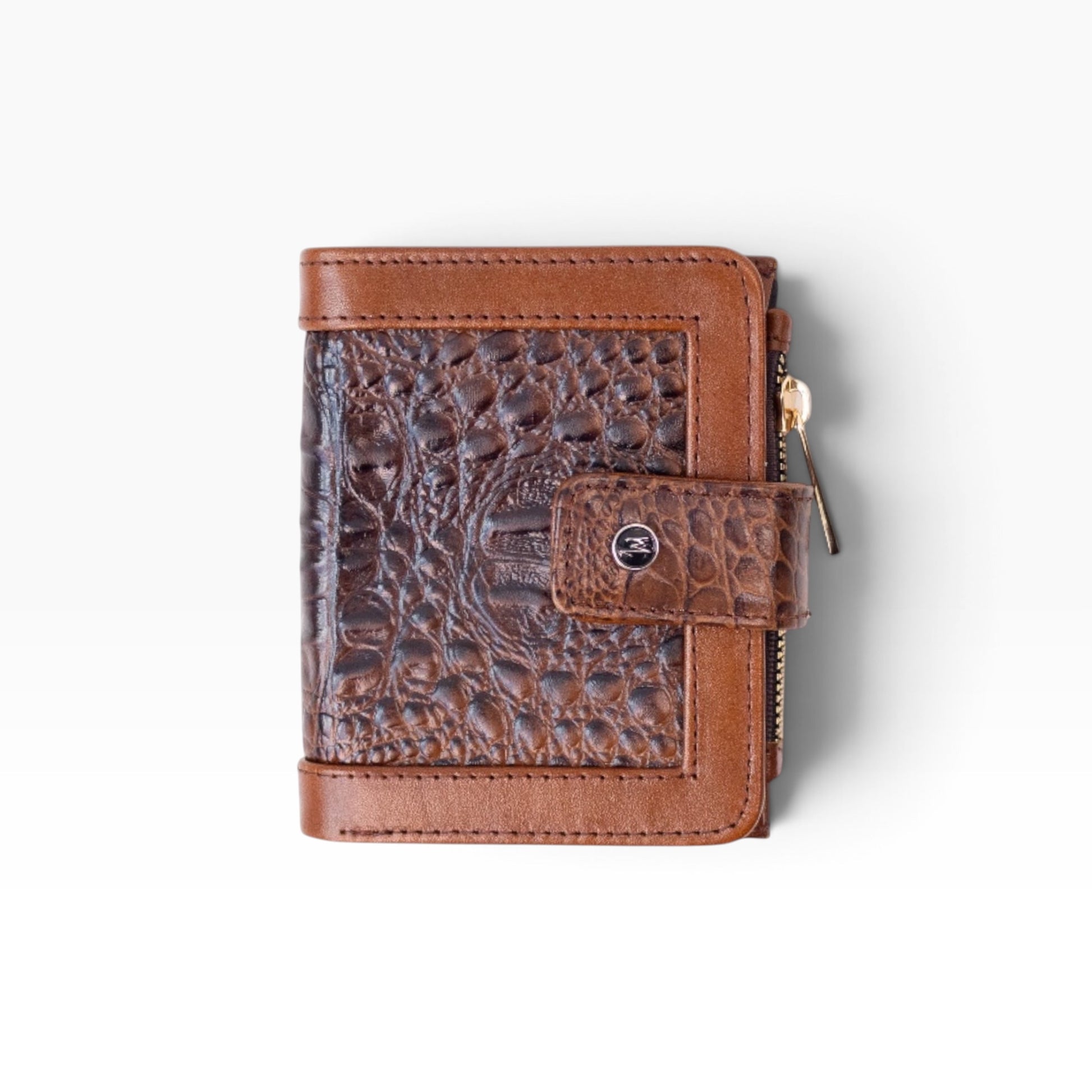 Cartera mosvartimx modelo Bolivia de piel bovina y detalle exótico en tono café con broche de seguridad