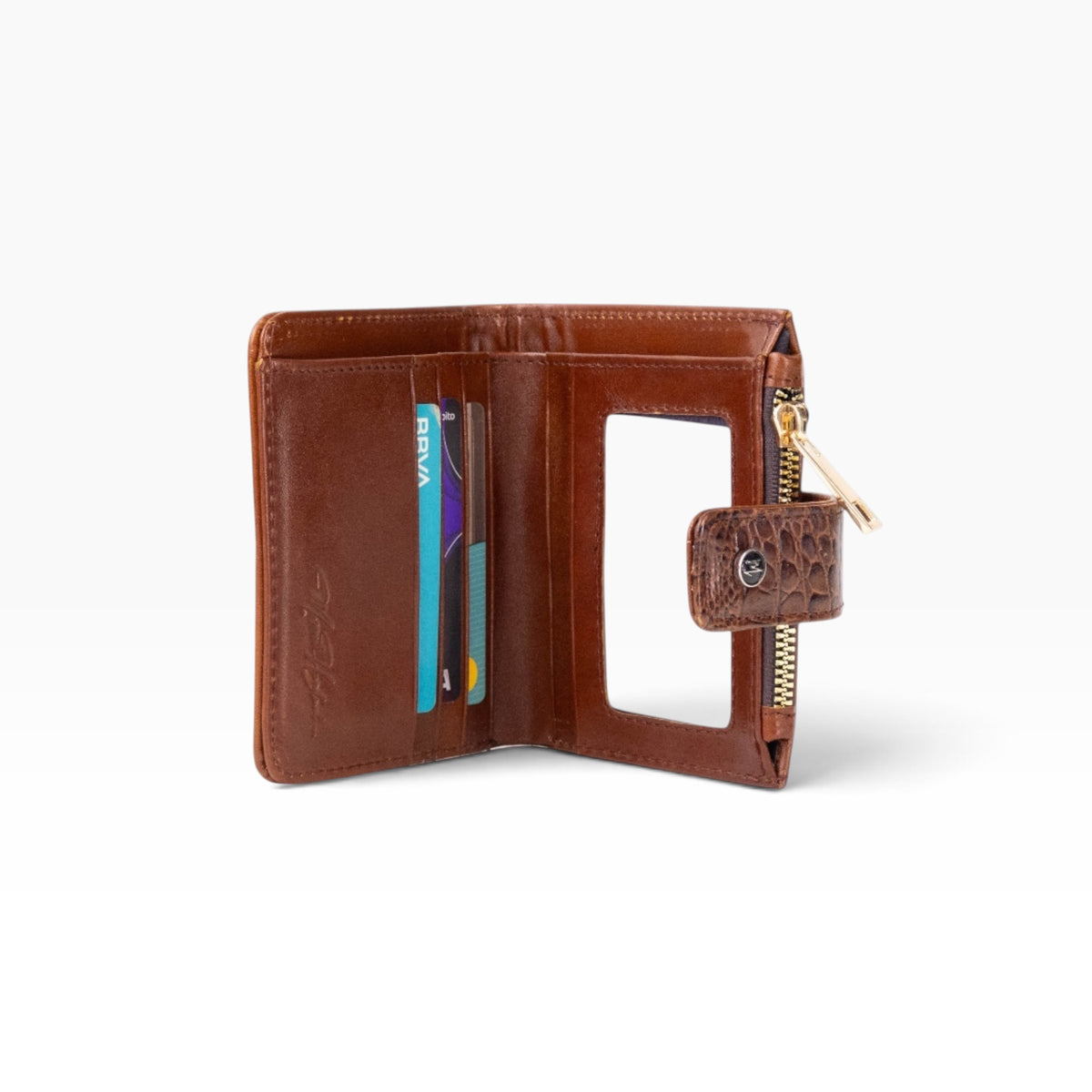 Cartera mosvartimx modelo Bolivia de piel bovina color café con tarjetero, ventana para ID y broche de seguridad