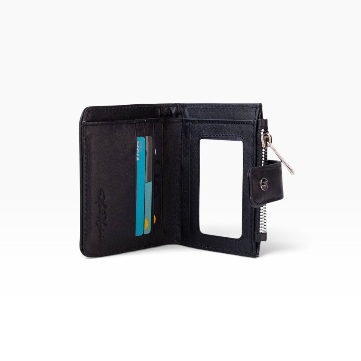 Cartera mosvartimx modelo Bolivia de piel negra para dama con tarjetero, ventana para identificación y cierre lateral