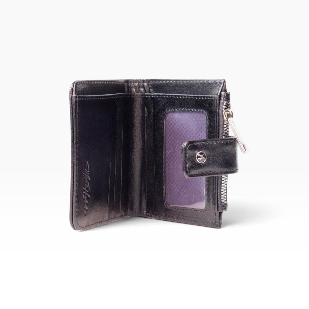 Cartera mosvartimx modelo Bolivia abierta, fabricada en piel bovina negra con cierre de broche y ventana para identificación.