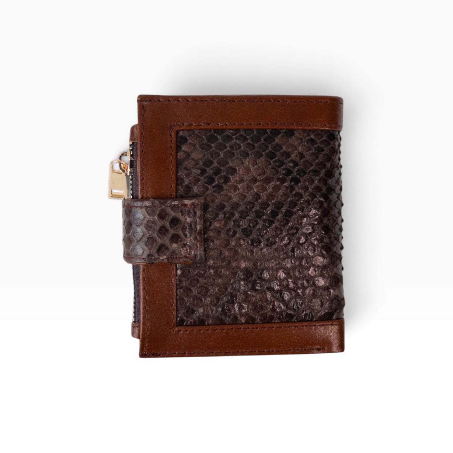 Cartera mosvartimx modelo Bolivia para dama en piel bovina café con elegante aplicación de piel de pitón bitono.