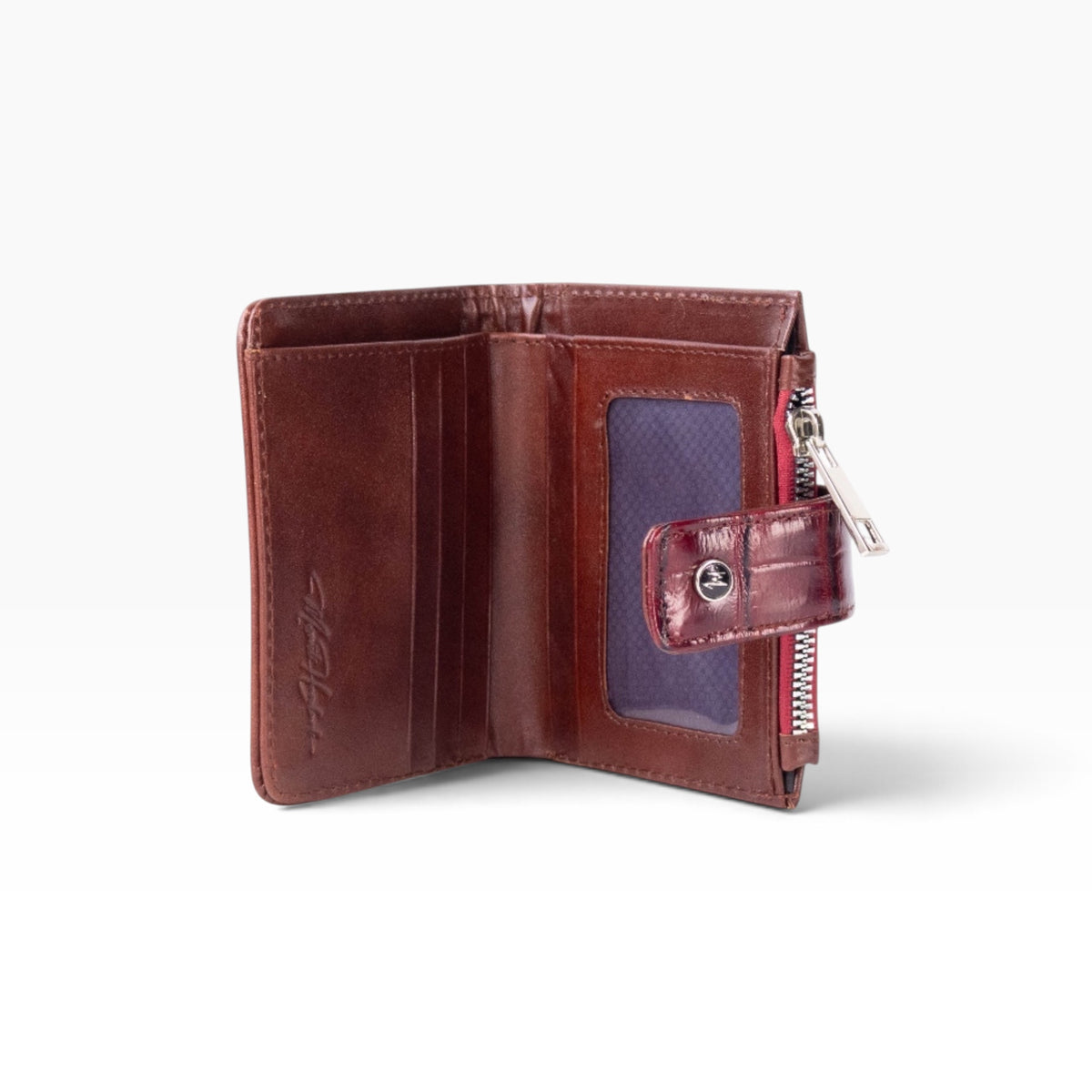 Cartera mosvartimx modelo Bolivia de piel bovina roja con grabado tipo cocodrilo, tarjetero y cierre para monedas.